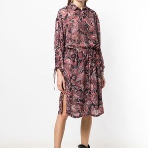 IRO black Placid print dress collared button down drawstring waist midi sleeve